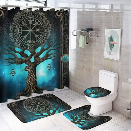 4 Pcs Bathroom Shower Curtain Set,Bathroom Sets with Rugs (Bath Mat,U Shape and Toilet Lid Cover Mat), Tree of Life Viking Bathroom Decor Set