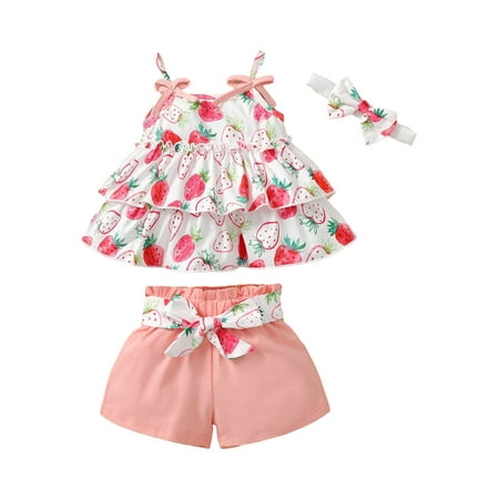 

jaweiwi Baby Toddler Girls Shorts Clothes Set 3M 6M 12M 18M 24M Spaghetti Straps Strawberry/Leaves/Flower Print Camisole with Elastic Waist Shorts and Hairband Outfits