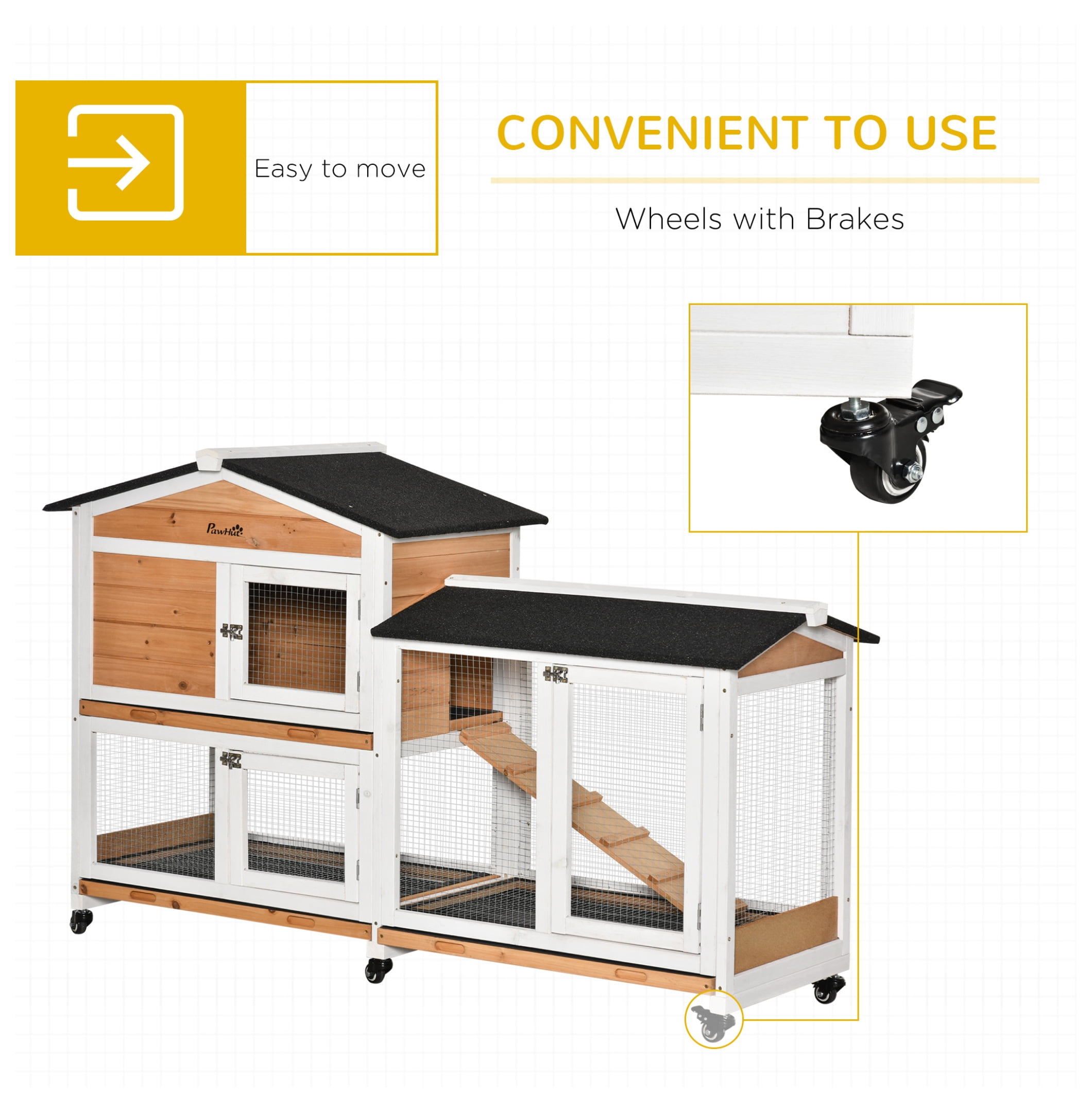 PawHut 62" Rabbit Hutch, Wooden Bunny Hutch, Guinea Pig Cage, Small Animal Enclosure with Wheels, Run Area, Removable Tray, Asphalt Roof, Lockable Doors and Ramp, Nature Wood