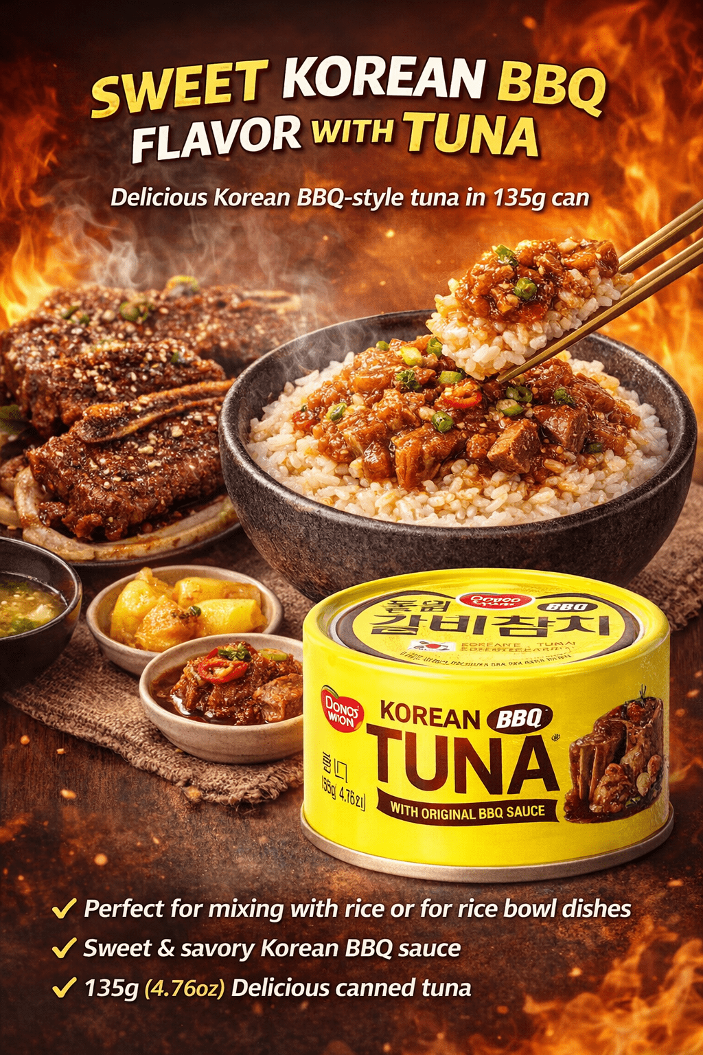 Dongwon Korean BBQ Tuna 3-Pack (135g Each) – Sweet & Savory Ready-to-Eat Canned Tuna for Rice Bowls & Quick Meals