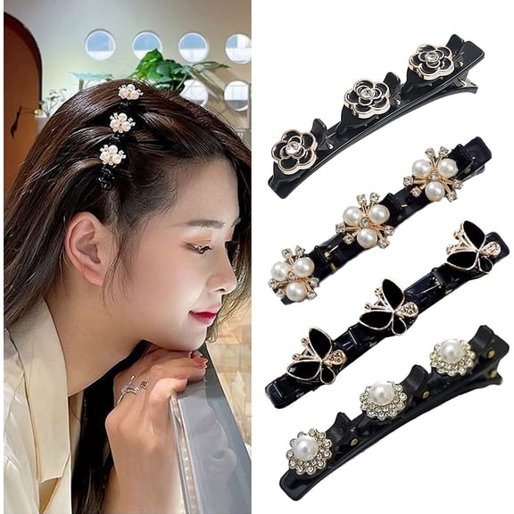 Sparkling Crystal Stone Braided Hair Clips - Rhinestone Braided Hair Clips for Women & Girls, Satin Fabric Hair Clips, Four-Leaf Clover Hairclips Duckbill Clip for Styling (B-4pcs)