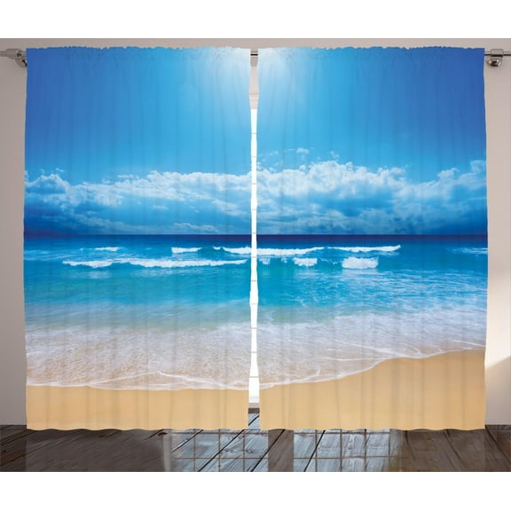 Ambesonne Beach Curtains 2 Panel Set, Cloudy Sky in Sea Summer, 108" x 84", Sand Brown Blue