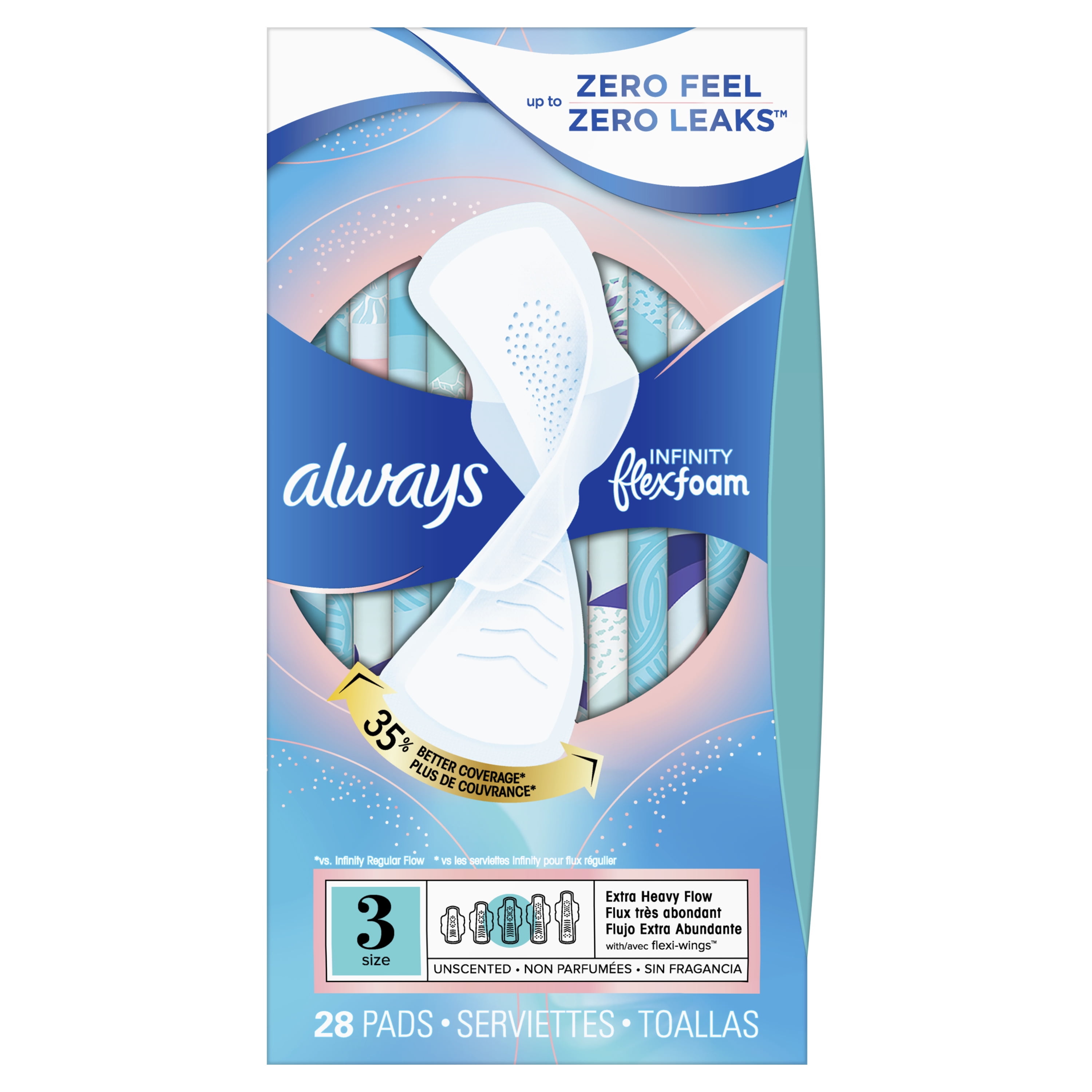 Always Infinity FlexFoam Pads for Women - Extra Heavy Absorbency - Unscented - Size 3 - 28ct