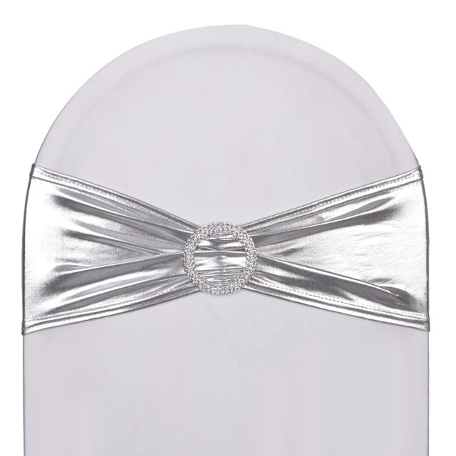 SweetEasy 50 bandas metálicas plateadas de spandex para sillas, mano de obra duradera, lazos elásticos con hebilla, estirables para Navidad, bodas, banquetes, eventos, baby shower, cumpleaños, celebra