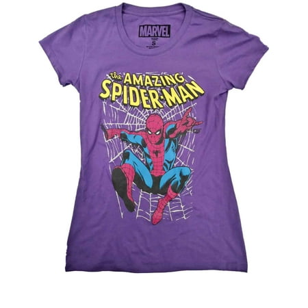 Womens Marvel Amazing Spiderman Purple Glitter Web Tee Shirt Superhero T-Shirt