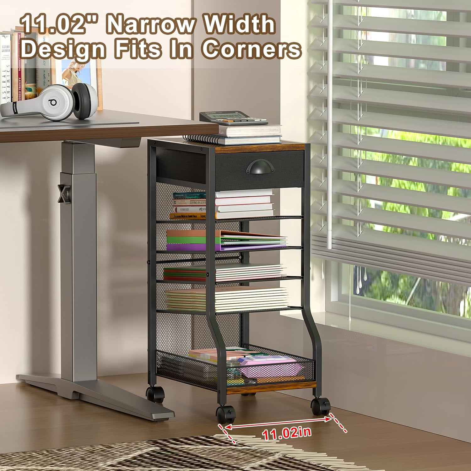 6-Tier Rolling File Cart with Drawer, Under Desk Storage with Paper Letter Sliding Trays, Standing File Organizer with Wheels, Slim Workspace Organizers for Office/Home/School/Study