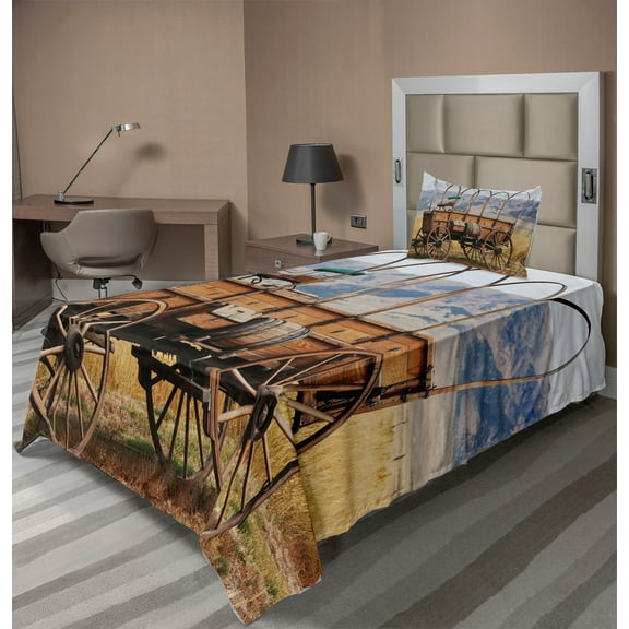 Ambesonne American Fitted & Top Sheet Set with Sham, Nostalgic Wild Western, Brown Yellow
