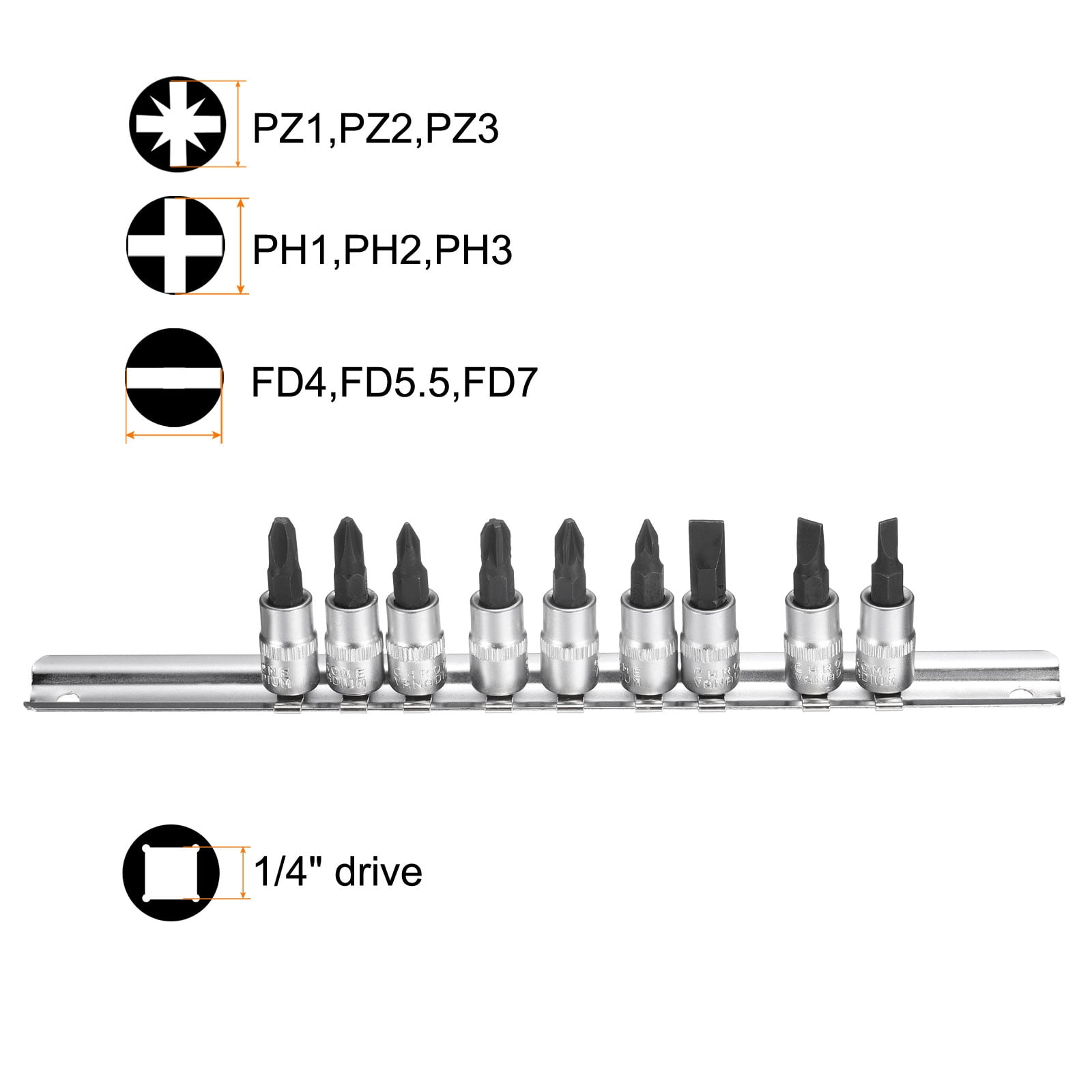 Uxcell 9pcs Hex Bit Socket Set 1/4" Square Drive PZ1-PZ3,PH1-PH3,FD4-FD7 Pozi Phillips Slotted Extension Impact Bit Power Nut Driver Set S2 & CR-V Steel Socket Ratchet Wrench Bits, Silver Black