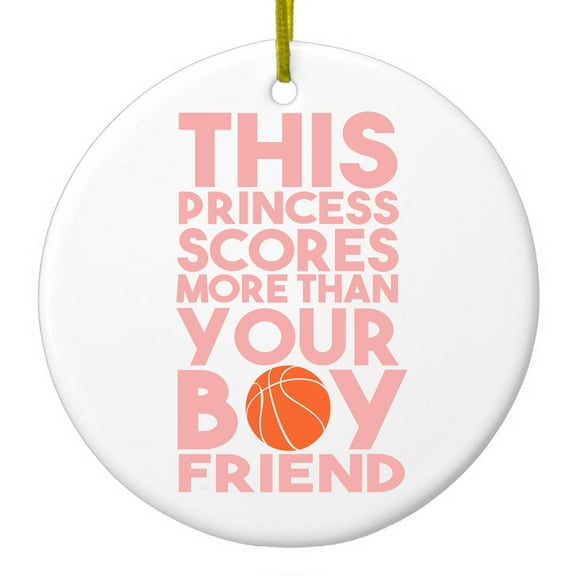 DistinctInk Hanging Ceramic Christmass Tree Ornament with Gold String - Great Gift / Present - 2 3/4 inch diameter - This Princes Scores More Than Your Boyfriend