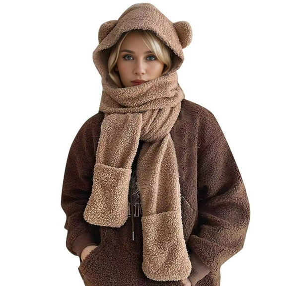 UFOUND Women Cartoon Cute Bear Hat Scarf Autumn Lightweight Warm Comfortable Cotton Ear Surround Connect Hat Winter