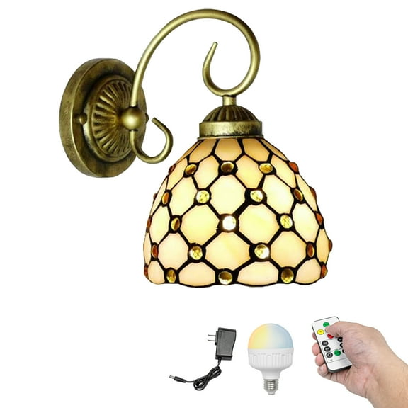 Kiven Battery Operated Wall Sconces, Tiffany Style Wall Lights with Rechargeable LED bulb and Glass Shade,Dimmable,Timing（1 Light）