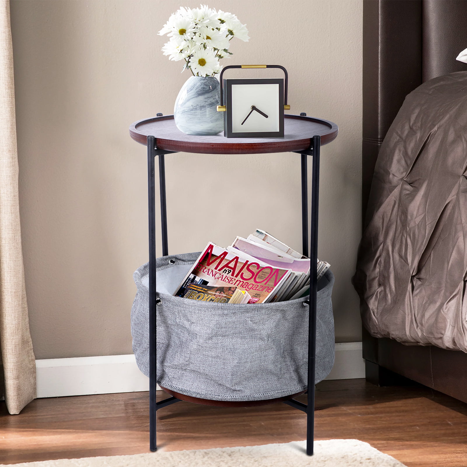EBTOOLS 24in Round Side Table with Storage Basket Small End Table