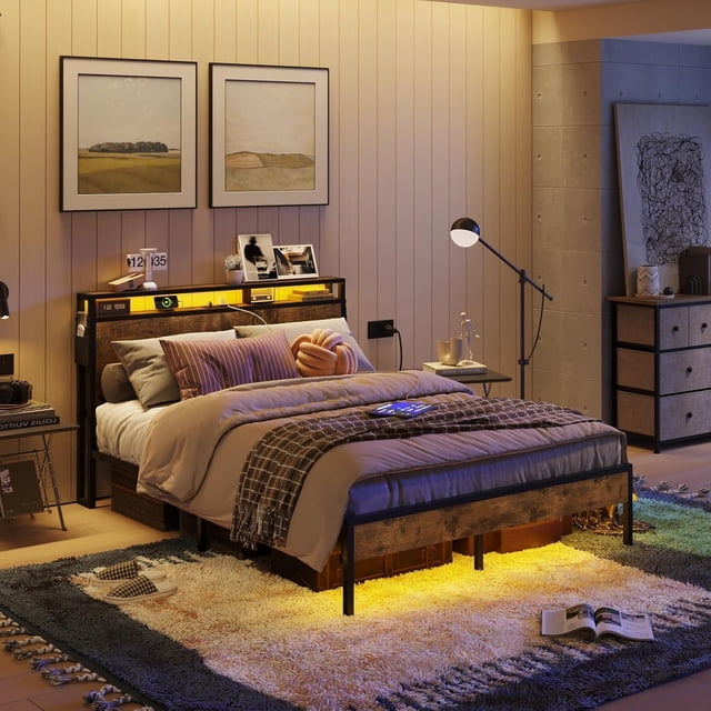 LLXINGS Queen Size Bed Frame with Headboard, Dual LED Platform Bed Frame with Charging Station, Non-Slip Metal Bed Frame, Noise-Free, Easy Assembly
