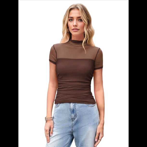 Camisetas de Corta con Cuello Alto para Mujer, de Transparente y Fruncida, para Salir A . Café L