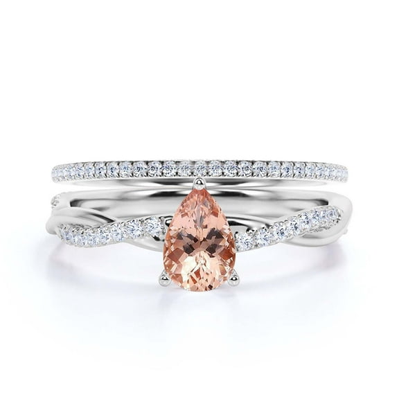 Gorgeous Art Deco 1.75 Carat Pear Cut Morganite And Diamond Moissanite Engagement Ring, One Matching Band, Twisted Band Wedding Ring in 925 Sterling Silver With 18k White Gold Plating Gift For Her