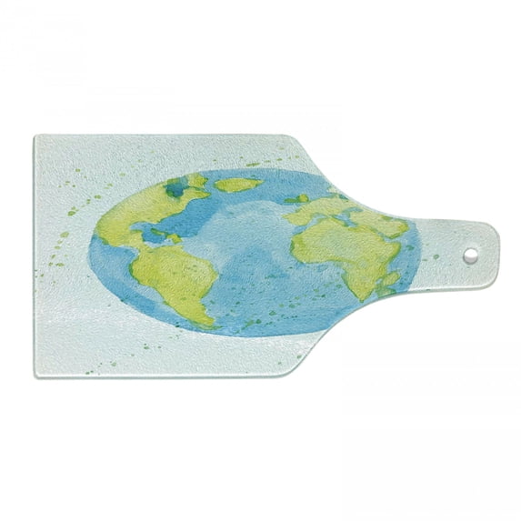 Earth Cutting Board, Hand Drawn Watercolor Style Earth Art with Color Stains, Decorative Tempered Glass Cutting and Serving Board, Wine Bottle Shape, Green Blue, by Ambesonne