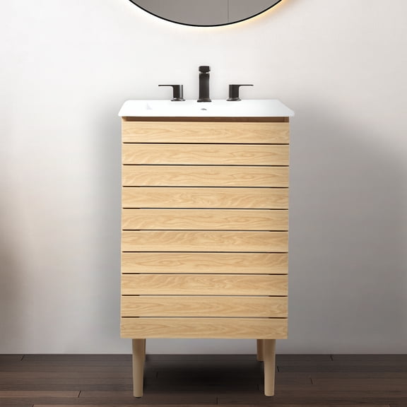JONATHAN Y Aubert 20 in. W x 18 in. D x 33 in. H, Thick Linear Slat 2-Shelf, Bath Vanity Cabinet ONLY, Oak, VAN1000A