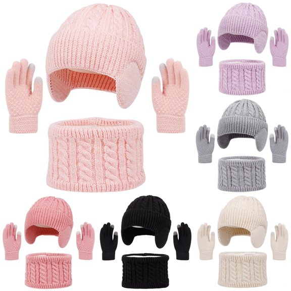 HNMKIU Winter Knitted Scarf Hat Set For Kids Thermal Neck Warmer Touchscreen Mittens Cold Weather Outdoor Light Pink - One Size