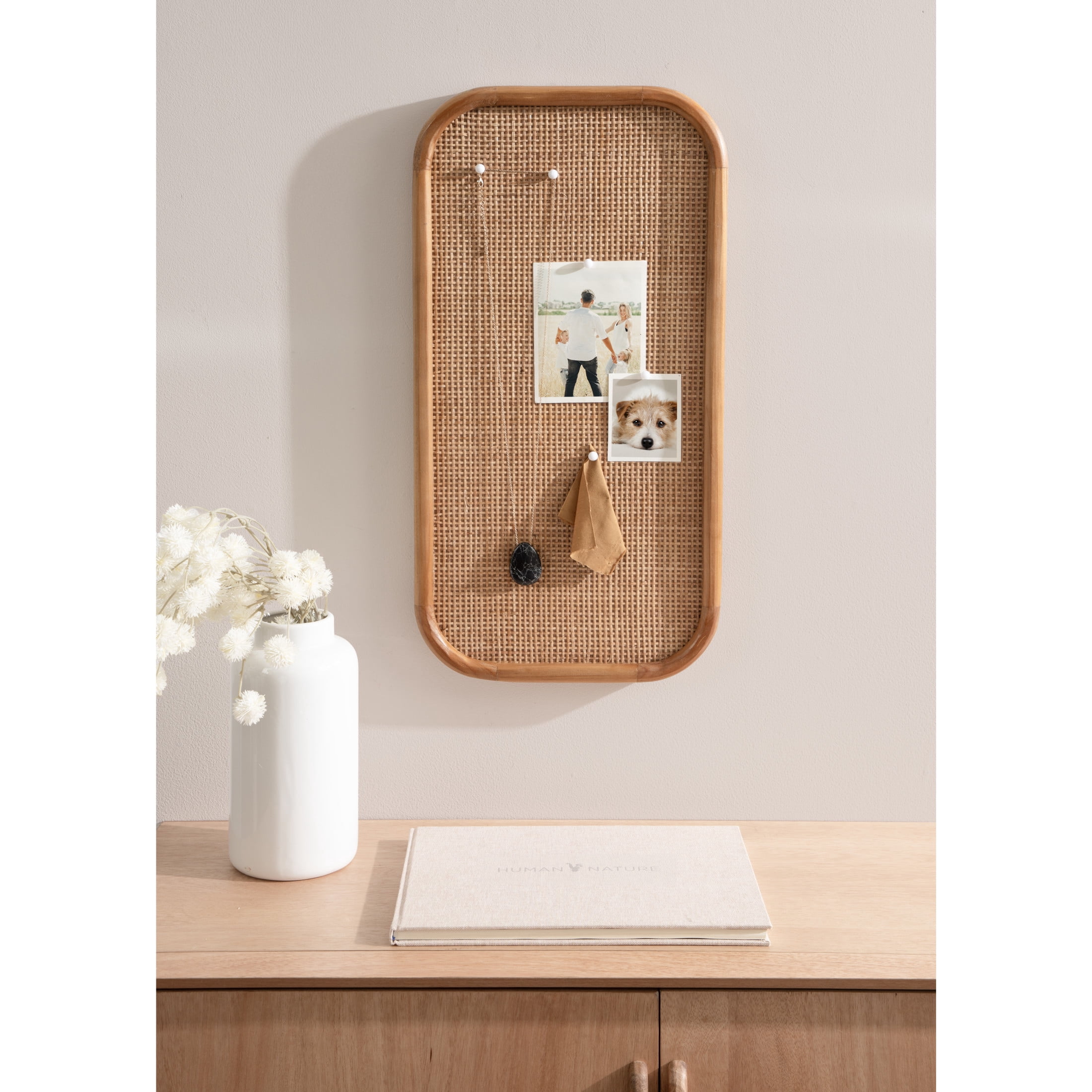 Kate and Laurel Planche Modern Rattan Wall Pinboard, 12 x 24, Natural Wood, Boho Rounded Rectangle Wall Organizer for Use as Cork Board, Vision Board, or Bulletin Board