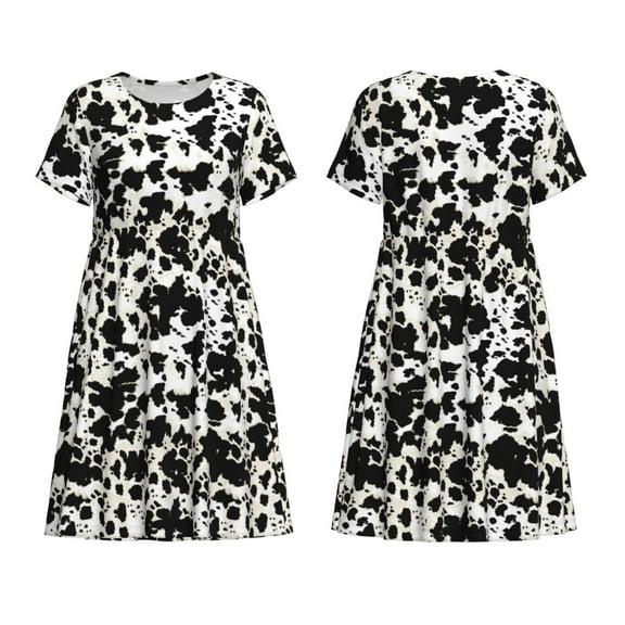 Horeoi Cow Skin 1 Print Women's Short Sleeve Dress Breathable Polyester-Spandex All-Over Print A-Line Side Pockets Elastic Waist