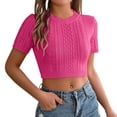 thumbnail image 2 of YHAJDS Womens Tops Short Sleeve Round Neck Knit Top Cable Detail Cropped Style Solid Color Casual, 2 of 5