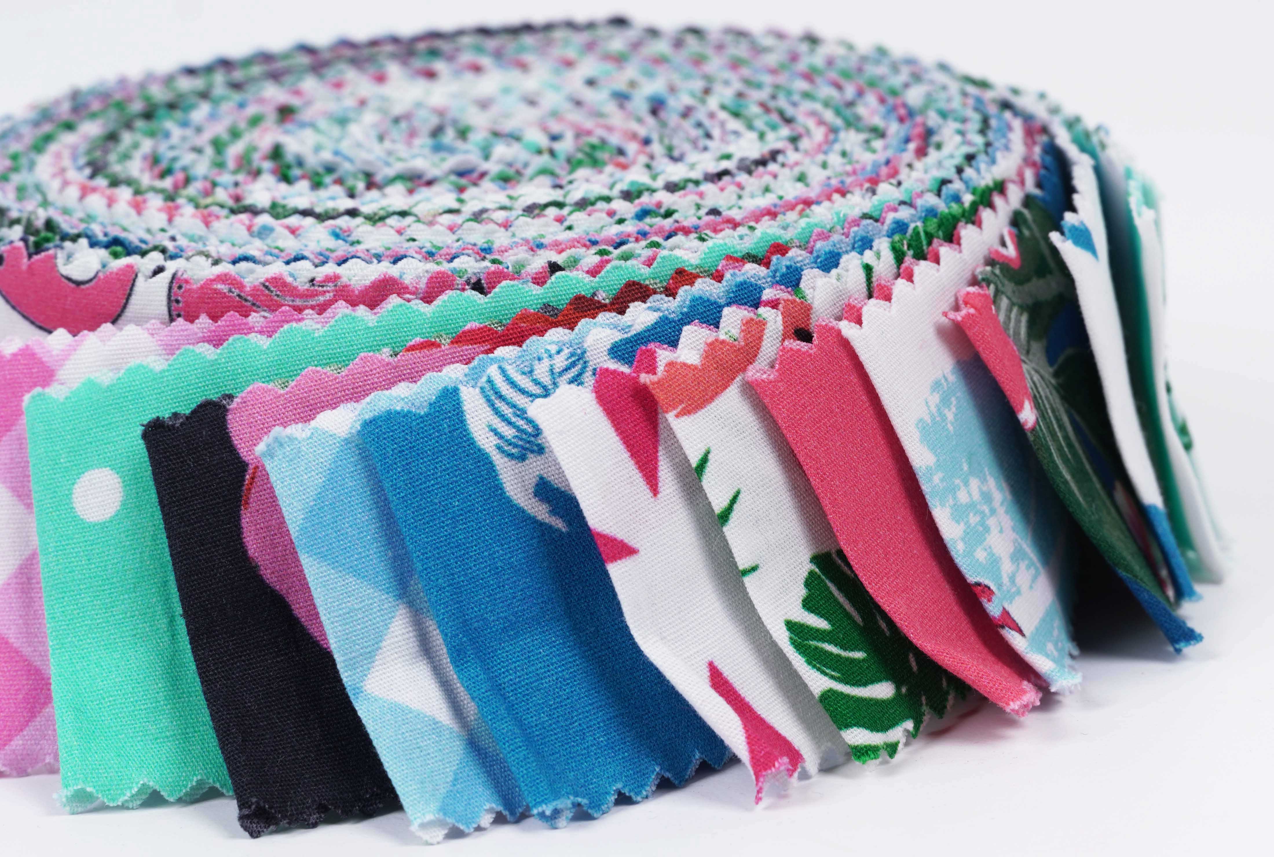 Soimoi 40Pcs Tropical Theme Flamingo Print Precut Fabrics Strips Roll Up 1.5x42inches Cotton Jelly Rolls For Quilting - Pink, Blue & Green
