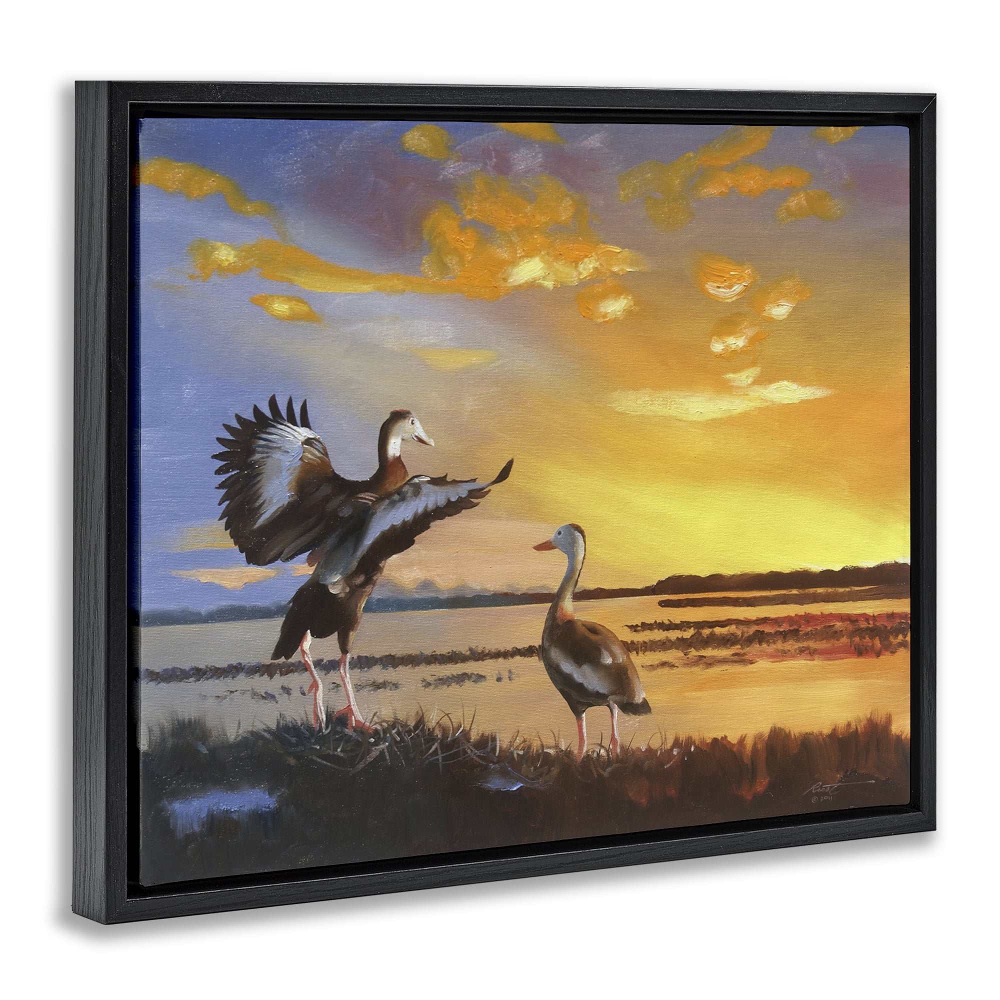 Stupell Industries Beach Birds at Sunset Animals & Insects Painting Black Floater Framed Canvas Art Print Wall Art, 31 x 25