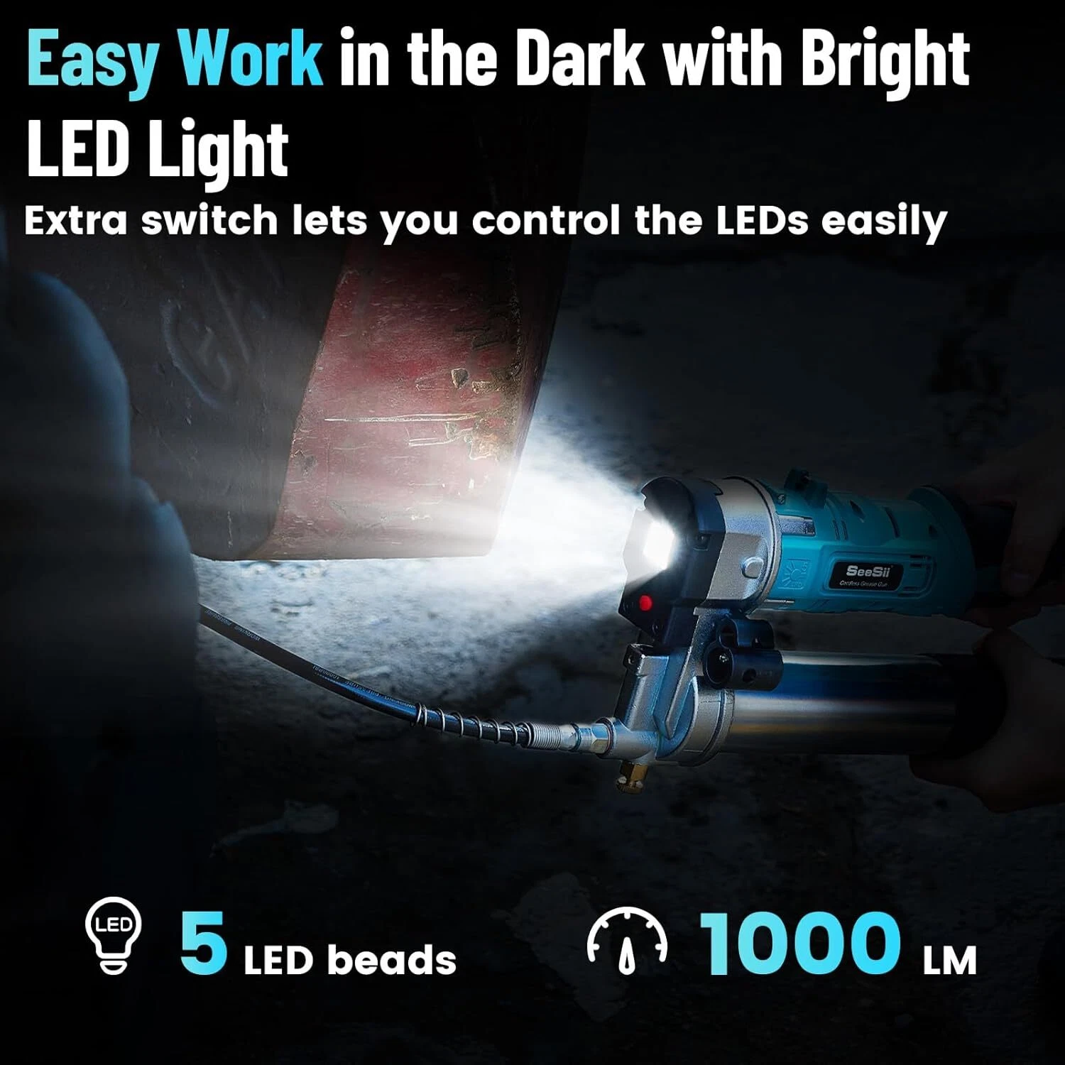 Seesii Cordless Grease Gun 5.3 oz/min 12000 PSI 2-in-1 Electric Grease Gun Kit with 2 * 2.0AH Batteries and Charger, 39.4" Hose & LED Light for Tractors, Trailers, Machine Maintenance