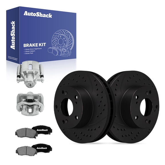 AutoShack Front Vented Drilled & Slotted E-Coated Brake Rotors Black Finish   Ceramic Pads   Calipers 8-PC Brake Kit Replacement for 2003-2007 Honda Accord NightGuard 11.1" (281.95 mm)