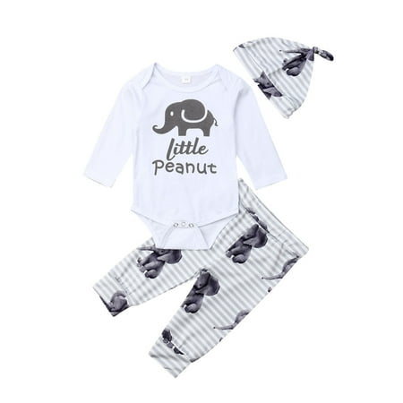Newborn Baby Boy Girl Long Sleeve Cotton Bodysuit Tops Elephant Long Pant Hat 3PCS Baby Clothes Set