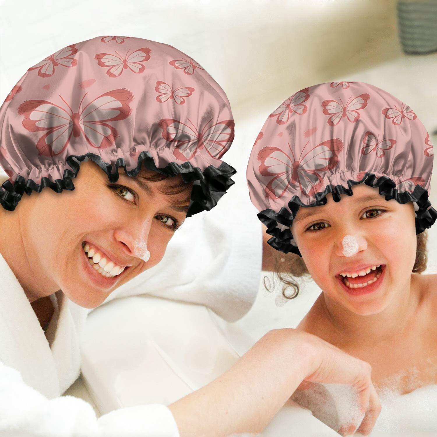 Shower Caps,Pink Butterfly Pattern Waterproof Shower Cap for Women 4 Pieces,Double Reusable Hair Cover for Shower PEVA Elastic Stretch Hem