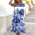 thumbnail image 6 of YueHuiYing Women's Summer Casual Blue-and-White Porcelain Print Short-Sleeve Round-Neck Knee-Length Dress, 6 of 7