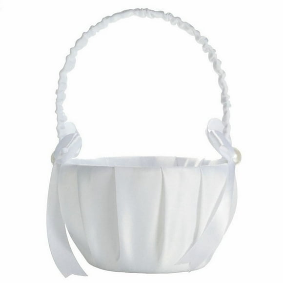 Elegant White Satin Bowknot Pearl Flower Girl Basket Perfect for Weddings Bridal Showers Special Events Class Romance Lightweight Easy Carry Children, 1* Flower Basket