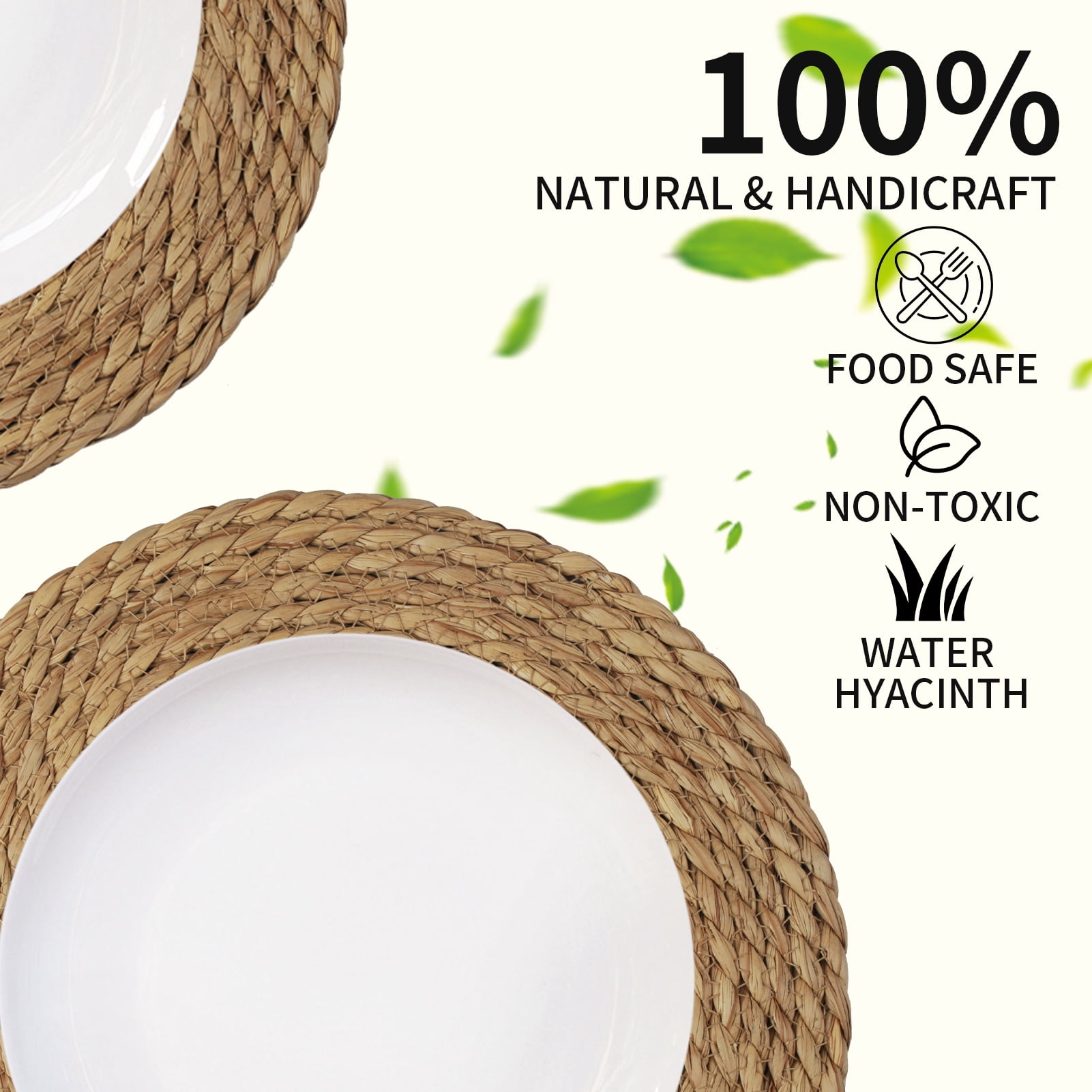 6 Pack Round Woven Placemats Natural Water Hyacinth Wicker Place mats Braided Straw Table Mats Charger Plates for Dining Table, Fall, Thanksgiving, Christmas (11.8 inch)
