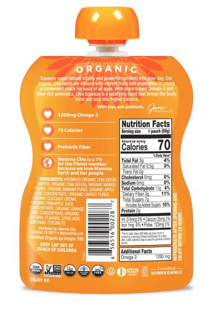 Mamma Chia Organic Vitality  Squeeze Snack, Mango Coconut,  16- 3.5 Ounce Chia  Vitality Snacks, USDA Organic,  Non-GMO, Vegan, Gluten Free,  and Kosher. Fruit and  Vegetables with only 70  Calories