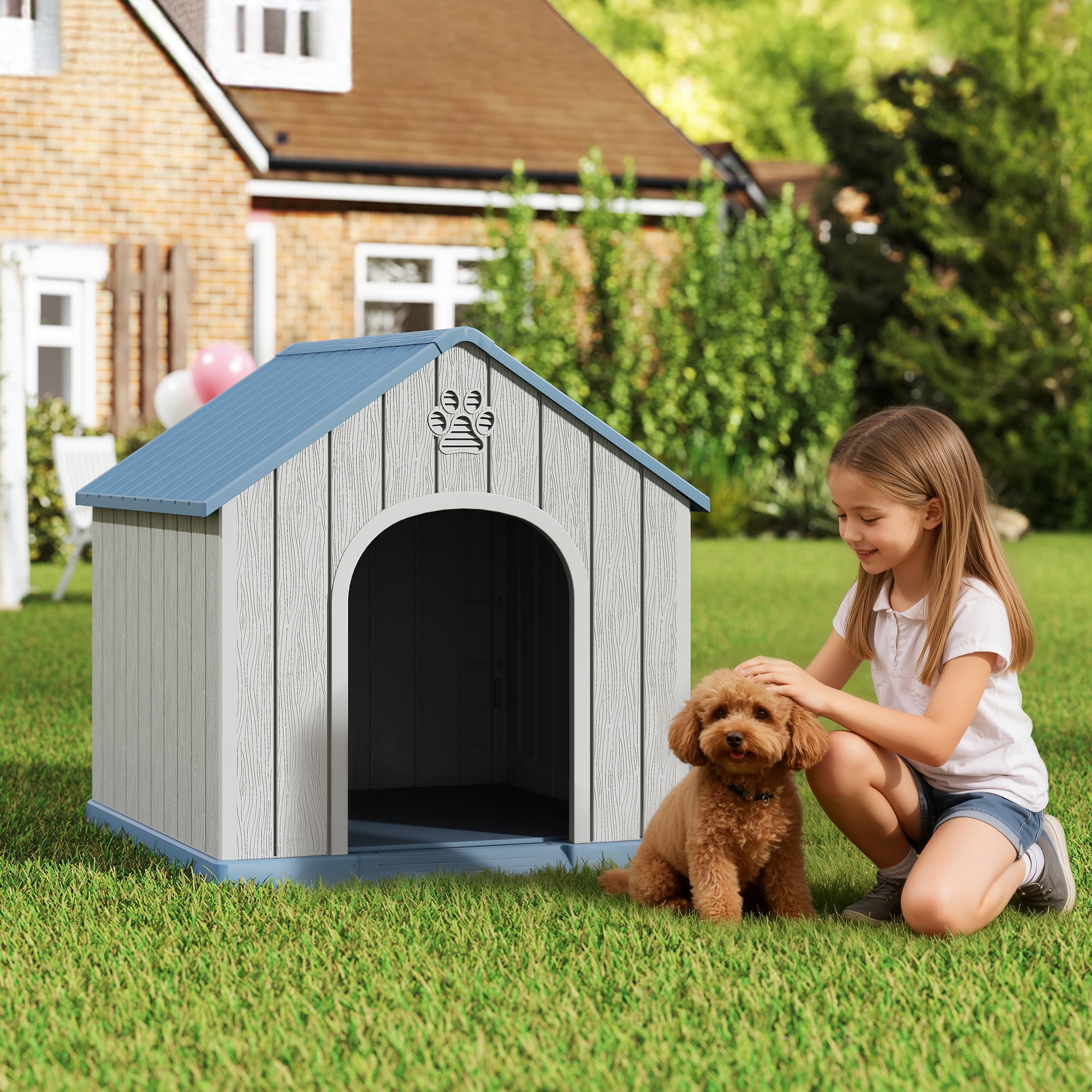 LHBcraft Durable Dog House for Small Medium Dogs,PP Waterproof Dog Shelter with Air Vents & Elevated Floor,Easy Clean and Assemble for Outdoor & Indoor,Blue