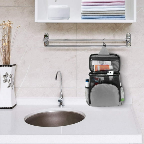 Portable Mesh Shower Caddy | Quick-Dry Hanging Organizer for Bathroom, Gym, Travel & Dorm | 23x14x25cm Gray Polyester Bag with 2 Side Pockets & Built-in Hook