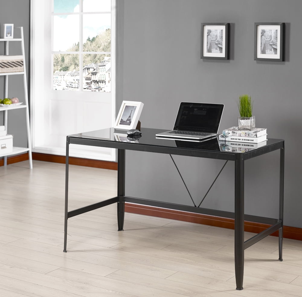 Makenna Home Office Workstation Computer Desk Black Metal Frame Glass Top Transitional