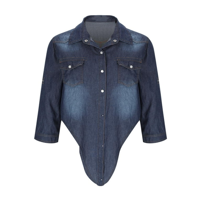 Women's Denim Shirt Roll Up 3/4 Sleeve Tie Front Knot Shirts
