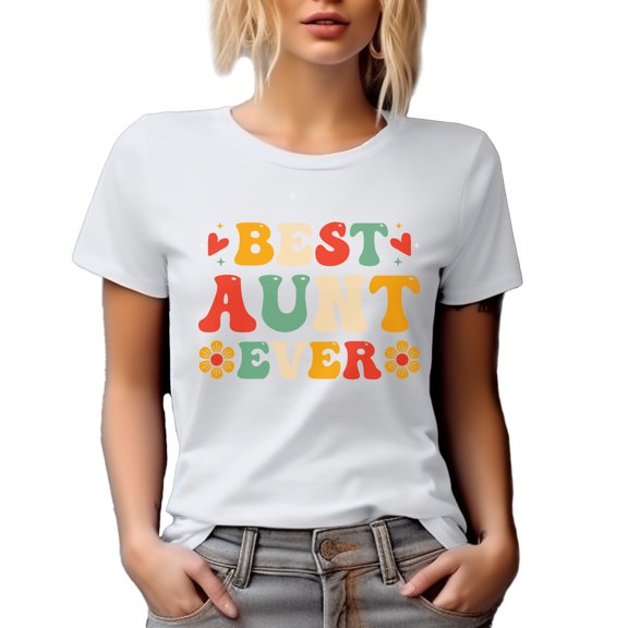 Best Aunt Ever, Retro Groovy Text, White T-Shirt, Small