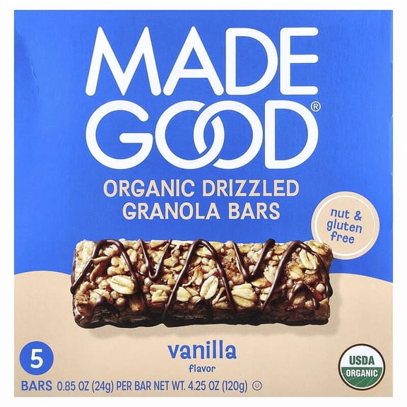 MadeGood, Granola Bars, Chocolate Drizzled, Vanilla, 5 Bars, 0.85 oz Pack of 3