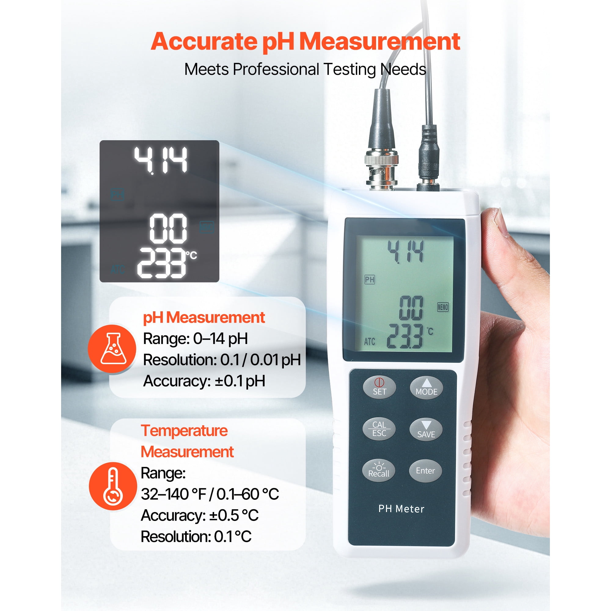 KFFKFF Portable pH Meter with 0-14 pH Range, Waterproof IP68 Probe, 3-Point Auto Calibration, Tester Kit Including Calibration Powder, Temperature Probe, and Carrying Case for Water Quality