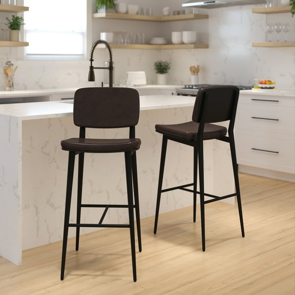 Emma Oliver Set of 2 Brown LeatherSoft Barstools with Black Iron Frame-Integrated Footrest