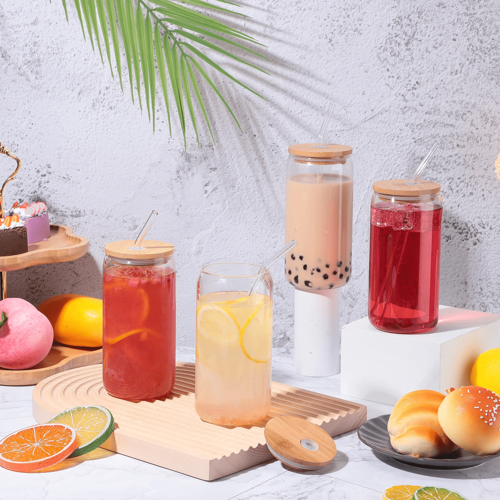 Glass Cups 16oz,4pcs Glass Cups with Lids and Straws,Drinking glasses iced Coffee  cups with Lids,Cute Glass Tumbler with Straw and Lid for Smoothie, Boba  Tea, Whiskey, Water