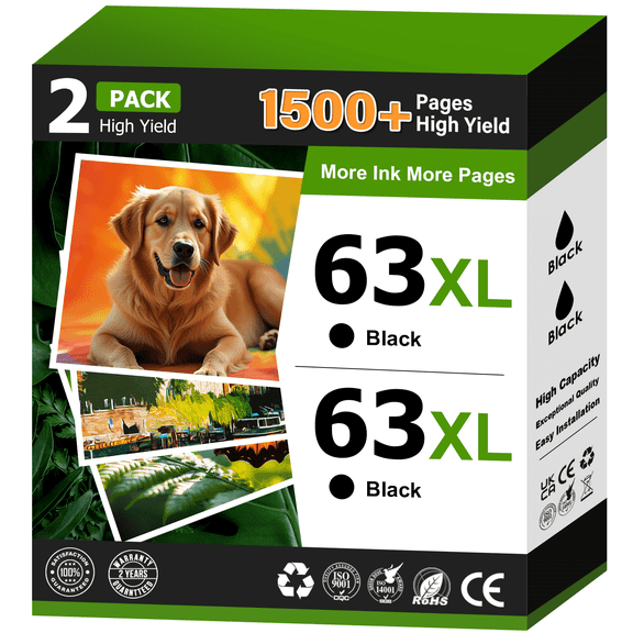 63XL Black Ink Cartridge Compatible for HP 63 Black Ink for HP Ink 63 63XL (2 Pack)