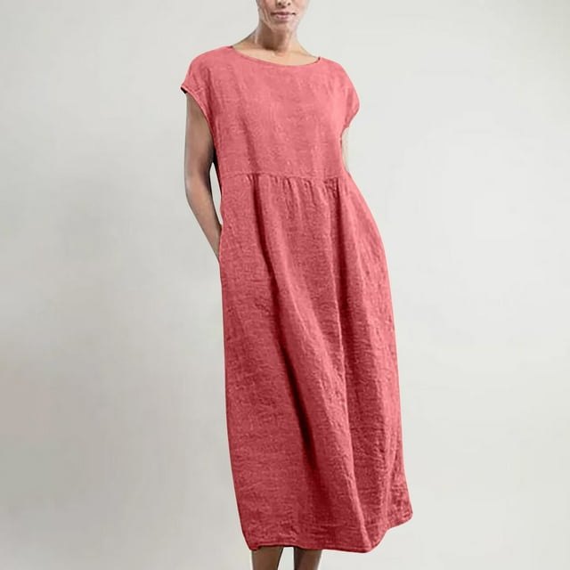 Hot6sl Liquidation d'Économies d'Été Robe Sans Manches à Col Rond, Robe Longue Unie Sans Manches à Col Rond pour Femmes, Robe en Coton pour Femmes/rouge, G