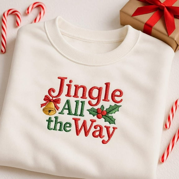 Jingle All the Way Embroidered Sweatshirt, Christmas Bell Crewneck, Festive Holiday Shirt, Xmas Celebration Sweater Gift