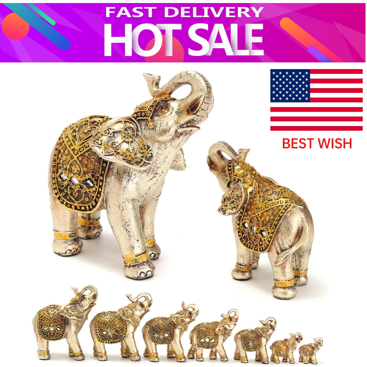 7pcs//Set Lucky Gold Elephant Ornaments Resin Statue Figurine DIY Home Decor