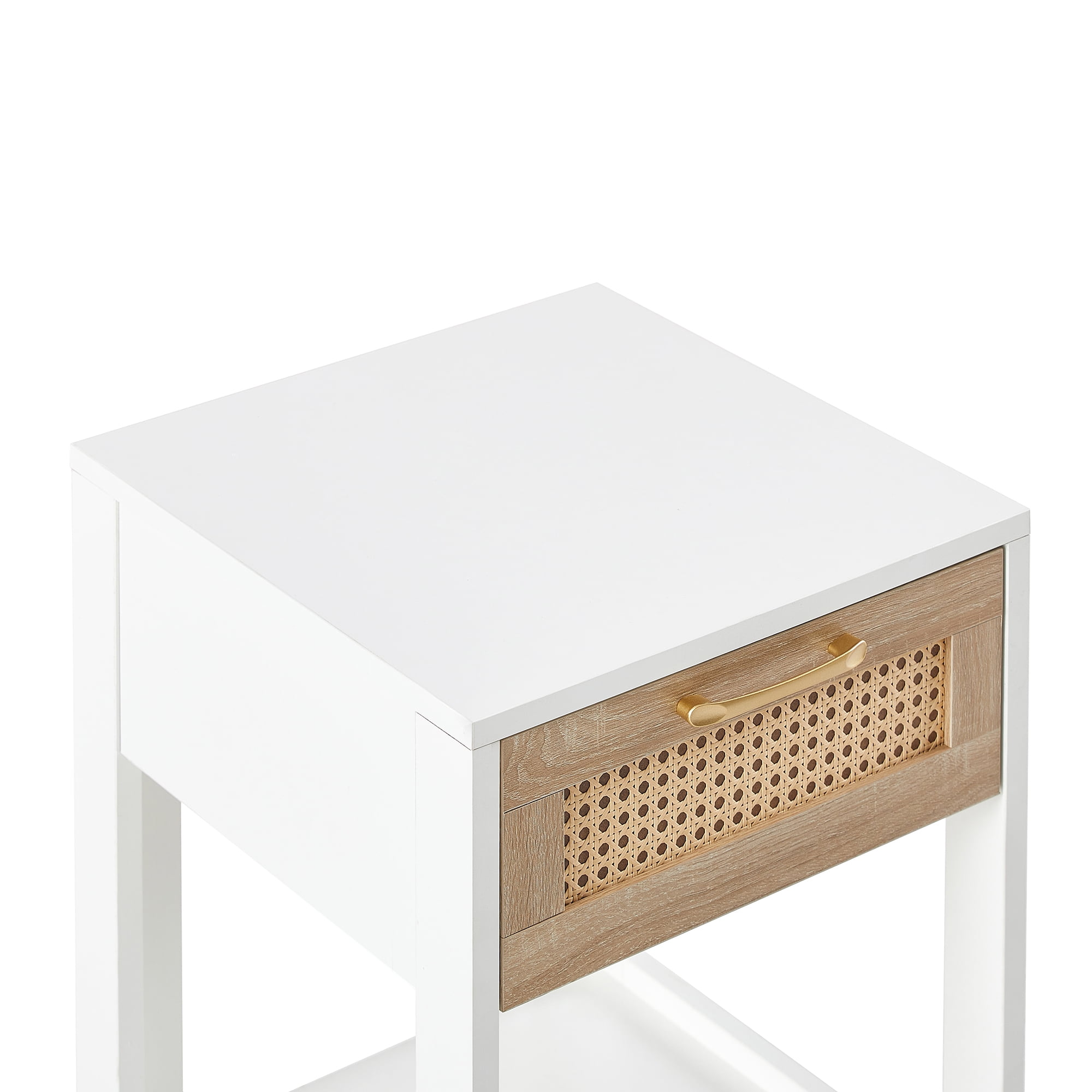 Kepooman 15.75" Rattan Night Table, Bedside Table with Drawer, Modern Farmhouse Nightstand for Living Roon, White