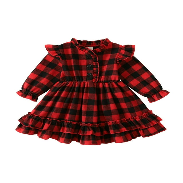 Robe à Carreaux pour Filles, Manches Longues, Boutonnée, à Volants, Coupe Trapèze